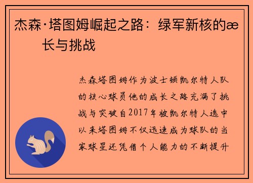 杰森·塔图姆崛起之路：绿军新核的成长与挑战