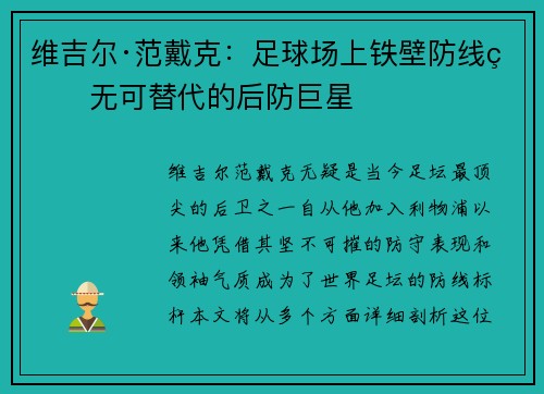维吉尔·范戴克：足球场上铁壁防线的无可替代的后防巨星