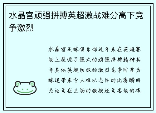 水晶宫顽强拼搏英超激战难分高下竞争激烈